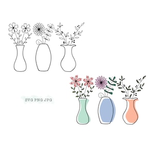 May include: Three black line drawings of vases with flowers, followed by three vases with flowers in different colors: green, blue, and orange.