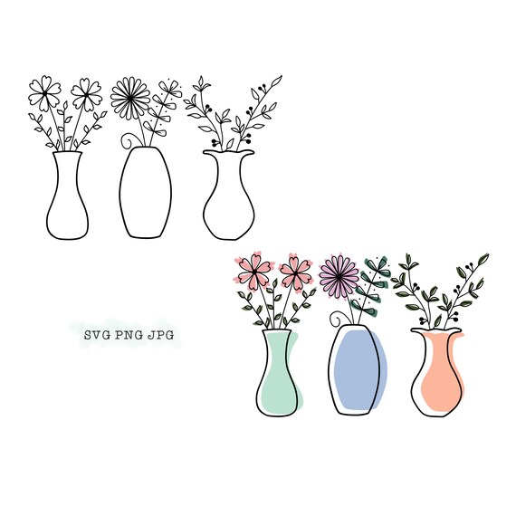 Three flower vases with flowers SVG PNG JPG bundle