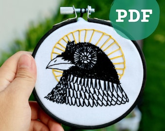 Here Comes the Sun Embroidery PDF Pattern Download | Modern Embroidery | Crow | Raven | Beginner Embroidery | Contemporary Art | Halloween