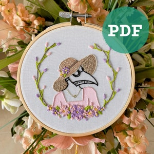 Floral Plague Doctor PDF Embroidery Pattern | Intermediate and Beginner Stitchers | Plague Mask | Cute Pastel | Cottagecore Aesthetic