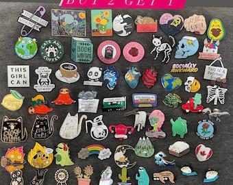 Buy 2 get 1 free pins, enamel pins, mask pins, scarf pins, bag pins, cute pins, books pin, plant pins, camping pins, cat pin, funny pins