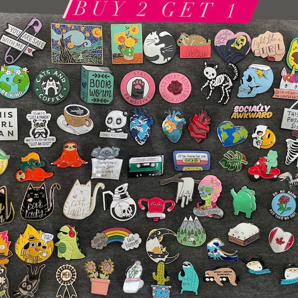 Buy 2 get 1 free pins, enamel pins, mask pins, scarf pins, bag pins, cute pins, books pin, plant pins, camping pins, cat pin, funny pins