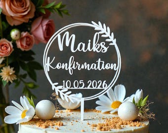 Cake Topper zur Konfirmation mit Name und Datum personalisiert, große Ausführung, Tortenstecker, Caketopper