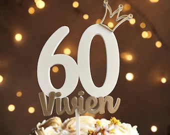 Cake-Topper für den Geburtstag mit Namen und Zahl  (10-99) und Krone, Tortenstecker