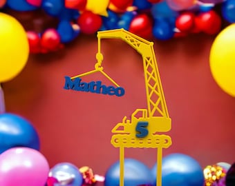 Cake-Topper Kran Kindergeburtstag,personalisiert mit Namen und Geburtstagszahl, Tortenstecker