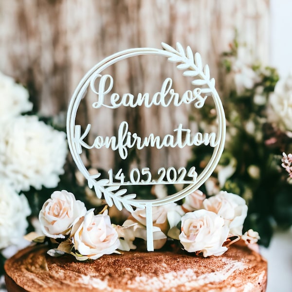 Cake Topper zur Konfirmation mit Name und Datum personalisiert, große Ausführung, Tortenstecker, Caketopper