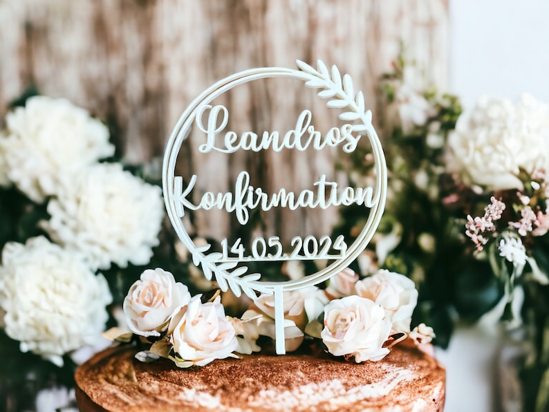 Cake Topper zur Konfirmation mit Name und Datum personalisiert, große Ausführung, Tortenstecker, Caketopper Bild 1