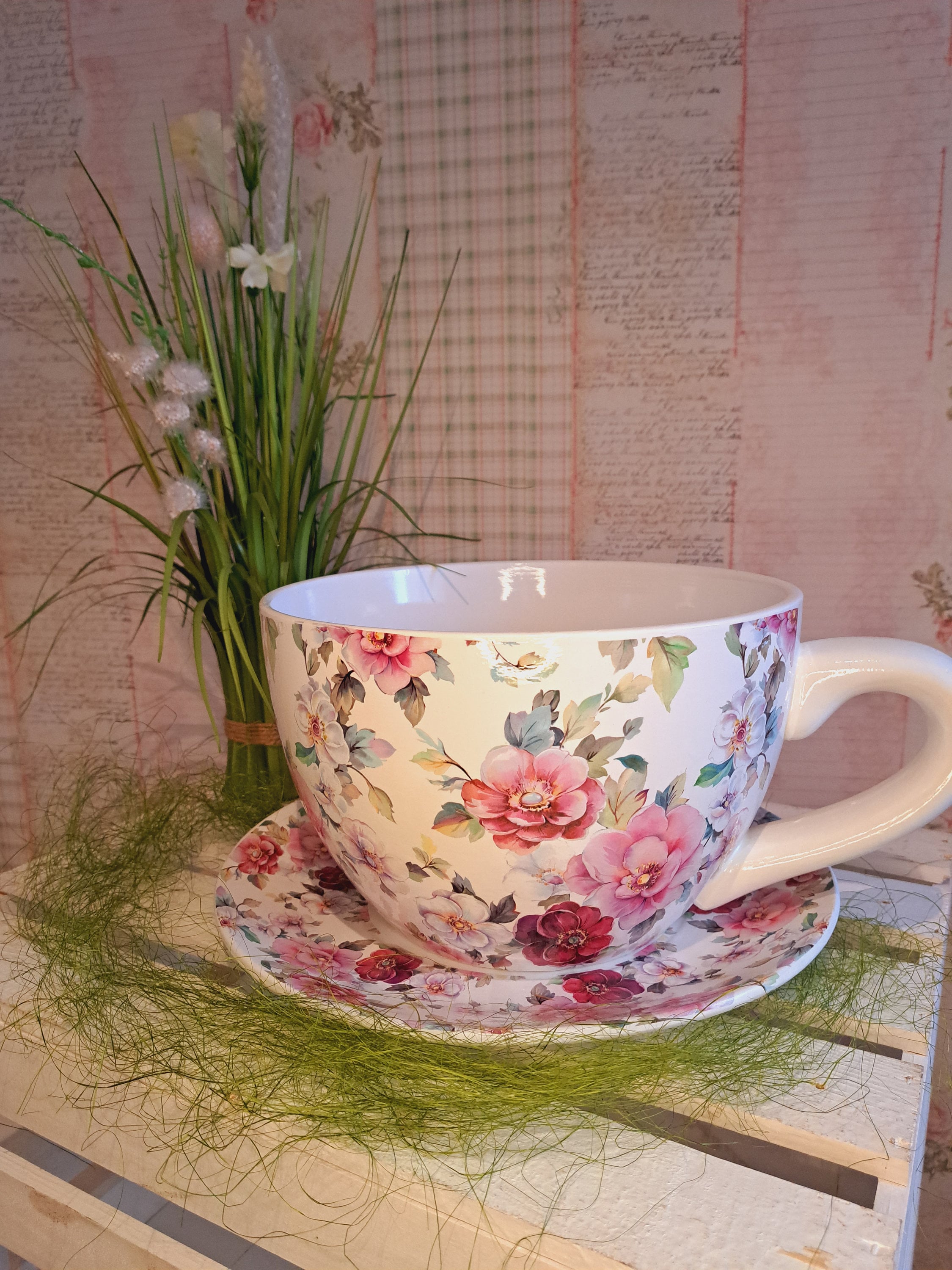 XXL Pflanztasse mit Unterteller /verspieltes Blumendekor/ 3Varianten/Dolomit-Keramik