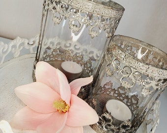 Tealight holder 2-piece set /metal/vintage/grey