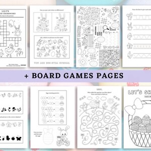 May include: Black and white printable Easter activity pages for kids. The pages include a crossword puzzle, a find the differences game, a maze, a connect the dots game, a counting game, and a coloring page.
