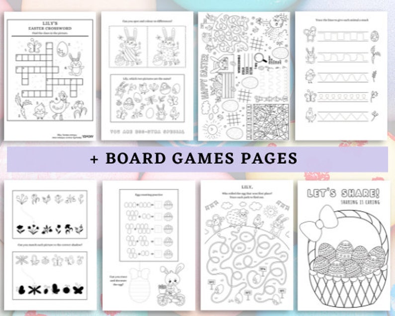 May include: Black and white printable Easter activity pages for kids. The pages include a crossword puzzle, a find the differences game, a maze, a connect the dots game, a counting game, and a coloring page.
