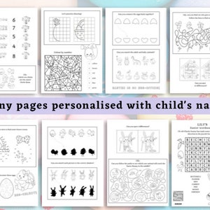 May include: Black and white printable activity sheets for kids featuring Easter-themed activities like matching, counting, mazes, and a word search. The sheets are personalized with the name "LILY'S".
