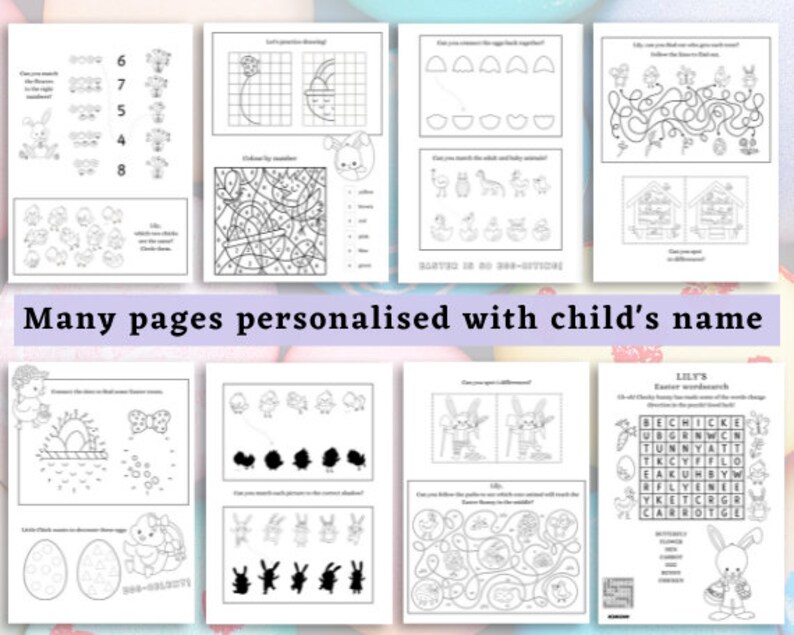 May include: Black and white printable activity sheets for kids featuring Easter-themed activities like matching, counting, mazes, and a word search. The sheets are personalized with the name "LILY'S".