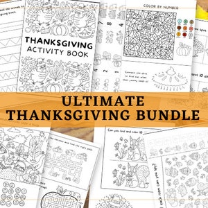 Op de afbeelding: Een set met printbare Thanksgiving-activiteitenbladen voor kinderen. De bladen bevatten verschillende activiteiten, waaronder kleuren, stippen verbinden, verschillen vinden en doolhoven. De bladen zijn zwart-wit en bevatten illustraties van kalkoenen, pompoenen en andere Thanksgiving-thema's.