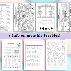 May include: A set of printable Easter-themed worksheets for kids. The worksheets include counting games, mazes, and a connect-the-dots activity. The worksheets are black and white and feature images of bunnies, eggs, chicks, and flowers.