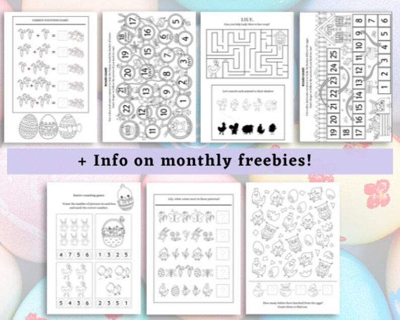 May include: A set of printable Easter-themed worksheets for kids. The worksheets include counting games, mazes, and a connect-the-dots activity. The worksheets are black and white and feature images of bunnies, eggs, chicks, and flowers.