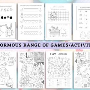 May include: A set of printable Easter-themed activity sheets for kids. The sheets include a variety of games and activities, such as a connect-the-dots puzzle, a maze, a word search, and a coloring page. The sheets are black and white and feature a variety of Easter-themed images, such as bunnies, eggs, and chicks.
