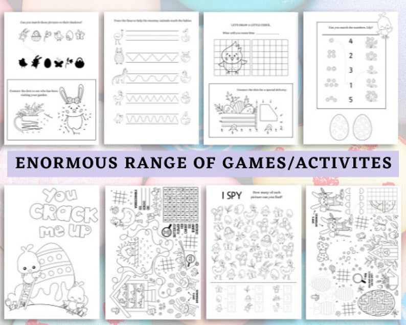 May include: A set of printable Easter-themed activity sheets for kids. The sheets include a variety of games and activities, such as a connect-the-dots puzzle, a maze, a word search, and a coloring page. The sheets are black and white and feature a variety of Easter-themed images, such as bunnies, eggs, and chicks.