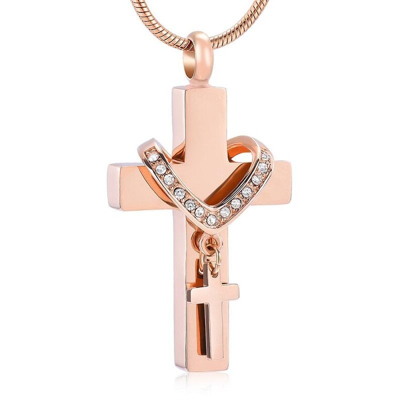 Rainbow Cross Cremation Jewelry w Mini Cross Necklace Attached Silver Rose Gold Black Gold Stainless Steel Cross w Glass Crystals