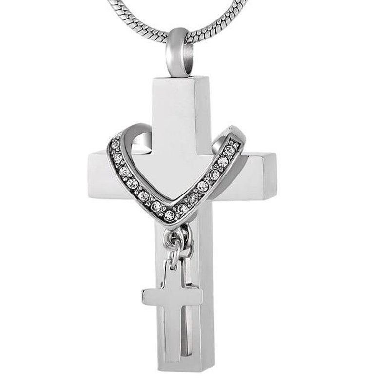 Rainbow Cross Cremation Jewelry w Mini Cross Necklace Attached Silver Rose Gold Black Gold Stainless Steel Cross w Glass Crystals