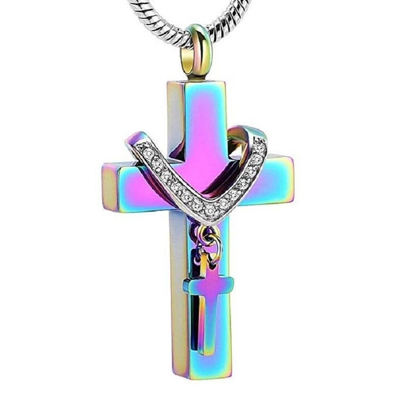 Rainbow Cross Cremation Jewelry w Mini Cross Necklace Attached Silver Rose Gold Black Gold Stainless Steel Cross w Glass Crystals