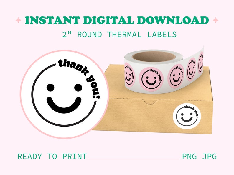 Puede incluir: Un rollo de etiquetas t&eacute;rmicas redondas de 5 cm con una carita sonriente rosa y el texto "thank you!" impreso en ellas. Las etiquetas est&aacute;n listas para imprimir y se pueden usar para empaquetar o regalos.