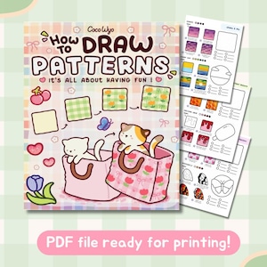 Könnte beinhalten: Ein Buch mit dem Titel "How to Draw Patterns" mit einem farbenfrohen Cover mit Cartoon-Katzen in Einkaufstaschen, Kirschen und Mustern. Begleitende Seiten zeigen Musterbeispiele. Der Text unten lautet "PDF file ready for printing!"