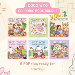 以下が含まれることがあります： 「Girl Moments」や「Cozy Vibes」などのタイトルを含む、かわいいイラストが描かれた6冊の塗り絵のセットです。「COCO WYO COLORING BOOK BUNDLE」と「VOL. 2」の文字が表示されています。「6 PDF files ready for printing!」というフレーズも表示されています。