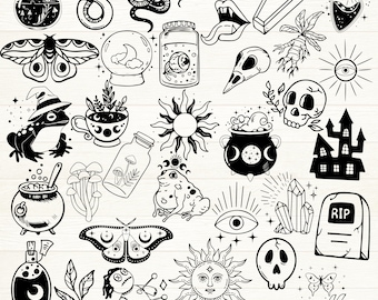 Puede incluir: Un conjunto de 25 ilustraciones en blanco y negro con temática de brujas y fantasmas. Las imágenes incluyen una serpiente, una rana, una calavera, un caldero, un sol, una luna, un cristal, una mariposa, una botella de poción, un ataúd, una lápida, un sombrero de bruja, una araña, un hongo, una muñeca vudú, una mano, un ojo, un castillo, una polilla, una luna creciente, una luna creciente con estrellas, una luna creciente con una estrella, una luna creciente con una estrella y una luna creciente con una estrella.