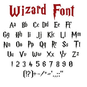 Può includere: Una visualizzazione digitale del carattere Wizard Font con il titolo in rosso e l'alfabeto completo in nero, incluse lettere maiuscole e minuscole, numeri da zero a nove e vari segni di punteggiatura con accenti a forma di fulmine.