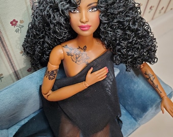 RESERVED OOAK barbie AA repaint curly reroot piercings tattoos hybrid made to move doll