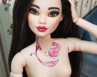 OOAK barbie odile mermaid green eyes repaint tattoos made to move custom doll