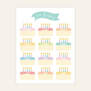 May include: A printable chart with a light blue banner that says "Class Birthdays". The chart has 12 boxes, each representing a month of the year. Each box has a birthday cake with candles and a month name. The cakes are in pastel colors.