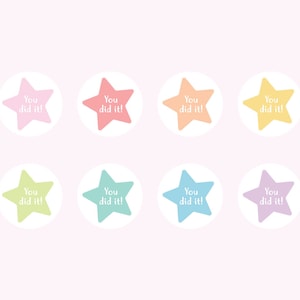 May include: Eight colourful star-shaped stickers with the text "You did it!" inside. The stars are in shades of pink, coral, orange, yellow, green, teal, blue, and purple, each set on a white circle. The background is a soft pink.