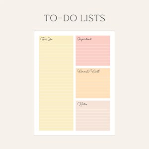 Op de afbeelding: Een notitieblok met de tekst "TO-DO LISTS". Het notitieblok is verdeeld in secties, waaronder "To-Do", "Important", "Email/Call" en "Notes". Elke sectie heeft horizontale lijnen om notities te schrijven.