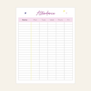 Weekly attendance sheet for teachers, prints for classroom substitute sub, kid student organizer, class stationery, printable resources