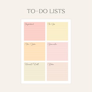 Op de afbeelding: Een pastelkleurige to-do lijst met zes secties met de titels "Important", "To-Do", "For Later", "Reminder", "Email/Call" en "Notes". De titel "TO-DO LISTS" staat bovenaan. Elke sectie heeft horizontale lijnen.
