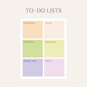Op de afbeelding: Een witte to-do lijst notitieblok met de tekst "TO-DO LISTS" bovenaan. Het notitieblok is verdeeld in zes secties met de labels "Important", "To-Do", "For Later", "Reminder", "Email/ Call" en "Notes". Elke sectie heeft gelijnd papier.