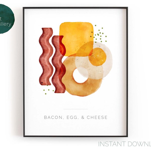 Speck, Ei, & Käse | Printable Food Wandkunst, Moderne Minimalistische Aquarell Druck für die Küche Frühstück Kaffee Bar | SOFORT DOWNLOAD