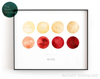 Tipos y colores de vino / Arte mural imprimible horizontal, impresión de acuarela minimalista moderna para cocina, bar o sala de estar / DESCARGA INSTANTÁNEA