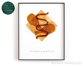 Chicken & Waffles | Printable Breakfast Brunch Wall Art, Modern Minimalist Food Watercolor Print for the Kitchen Dining | INSTANT DOWNLOAD