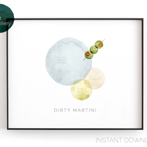 Dirty Martini | Horizontal Printable Wall Art, Modern Minimalist Watercolor Cocktail Print for the Kitchen or Bar Cart | INSTANT DOWNLOAD