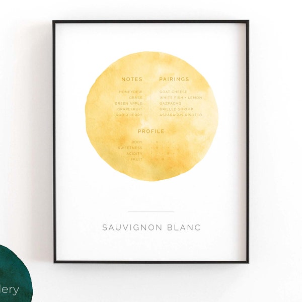 Sauvignon Blanc Tasting Notes | Printable Wall Art, Modern Minimalist Watercolor White Wine Print for Kitchen or Bar | INSTANT DOWNLOAD