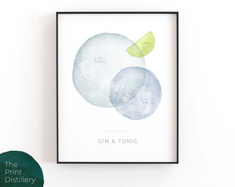Gin & Tonic | Printable Wall Art, Modern Minimalist Watercolor Cocktail Print for the Kitchen, Bar, or Living Room | INSTANT DOWNLOAD