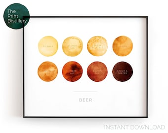 Tipos y colores de cerveza / Arte mural imprimible horizontal, impresión de acuarela minimalista moderna para cocina, bar o sala de estar / DESCARGA INSTANTÁNEA