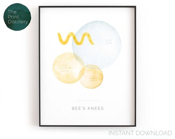 Bee&#39;s Knees | Printable Wall Art, Modern Minimalist Watercolor Gin Cocktail Print for the Kitchen, Bar, or Living Room | INSTANT DOWNLOAD