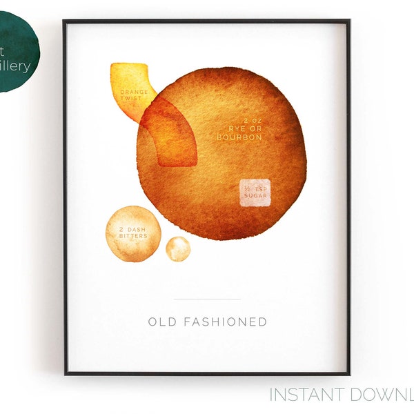 Old Fashioned | Printable Wall Art, Modern Minimalist Watercolor Cocktail Print for the Kitchen, Bar, or Living Room | INSTANT DOWNLOAD