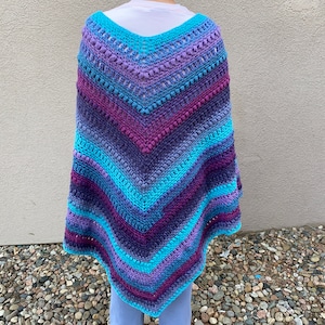 Handmade crochet poncho, boho clothing, boho wrap, Valentine’s gift, multicolor poncho, blue purple violet, Hades blue, textured fabric