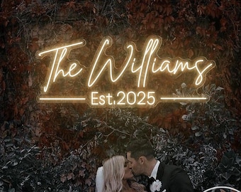Custom Wedding Last Name With Est Neon Sign, Wedding Family Name LED Neon Light Sign Wedding Party Grass Wall Backdrop Decor, Gift for Newly