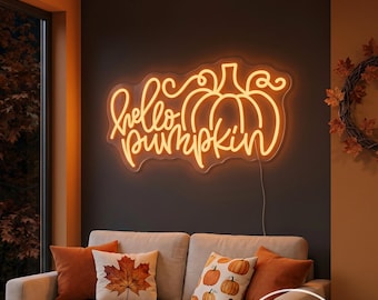 Hello Pumpkin Neon Sign, Custom Fall Autumn LED Neon Light, Autumn Halloween Party Garden Sign, Thanksgiving Home Wall Decor